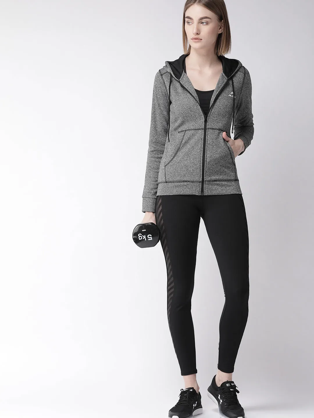 Alcis Women Charcoal Grey Self Design Hooded Sporty Jacket