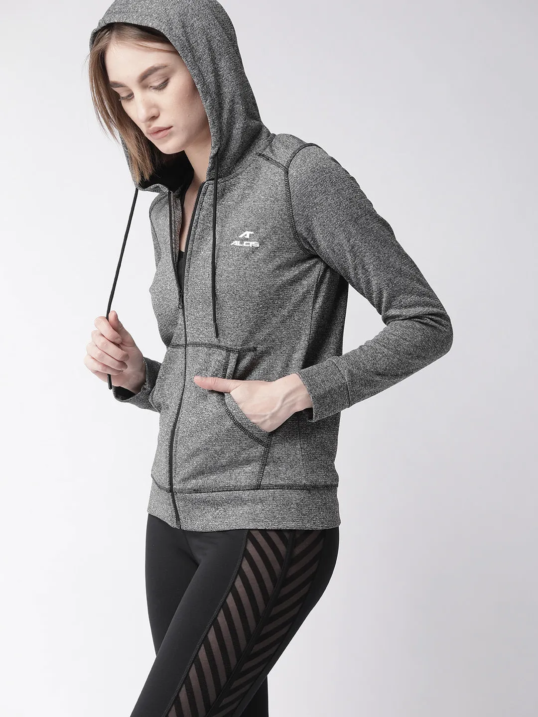 Alcis Women Charcoal Grey Self Design Hooded Sporty Jacket