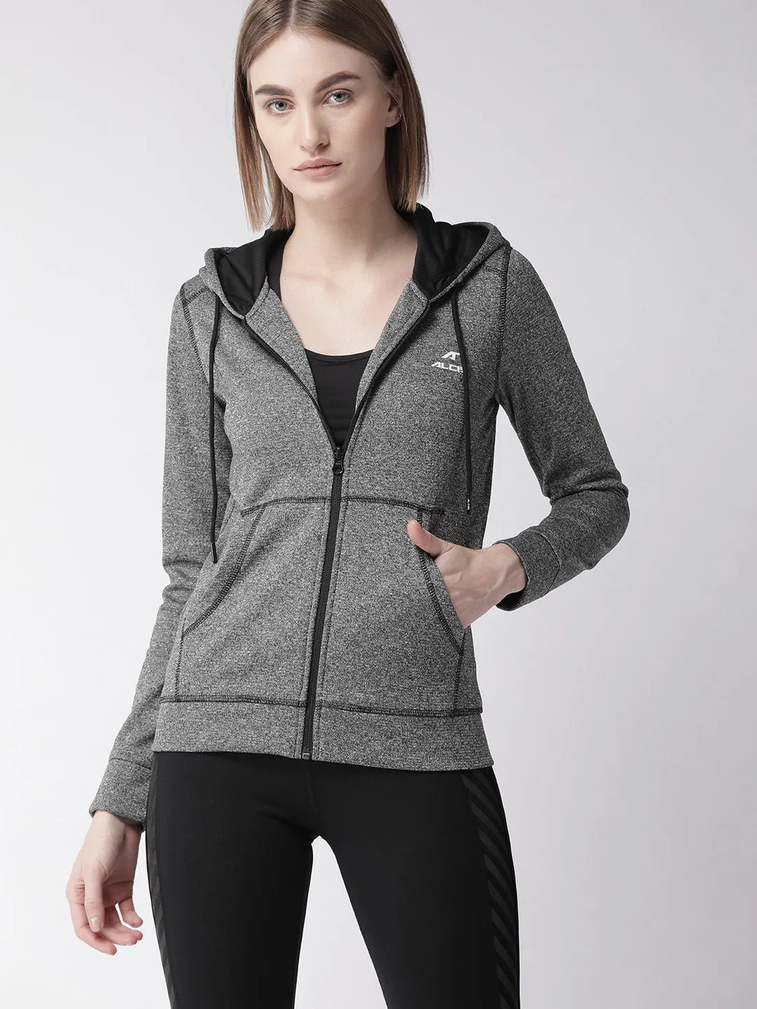 Alcis Women Charcoal Grey Self Design Hooded Sporty Jacket