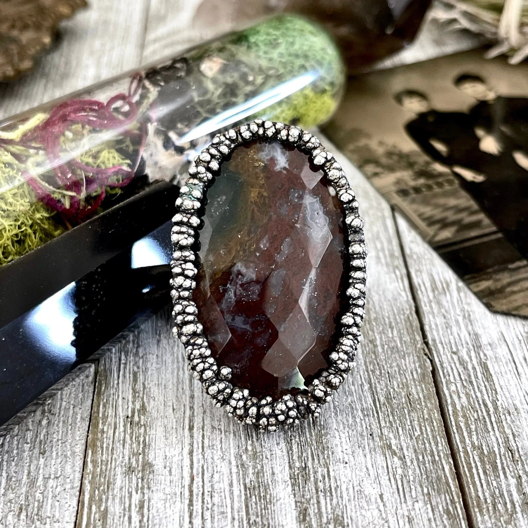 Big Size 8 Silver Natural Fancy Moss Agate Crystal Statement Ring / Foxlark Collection - One of a Kind