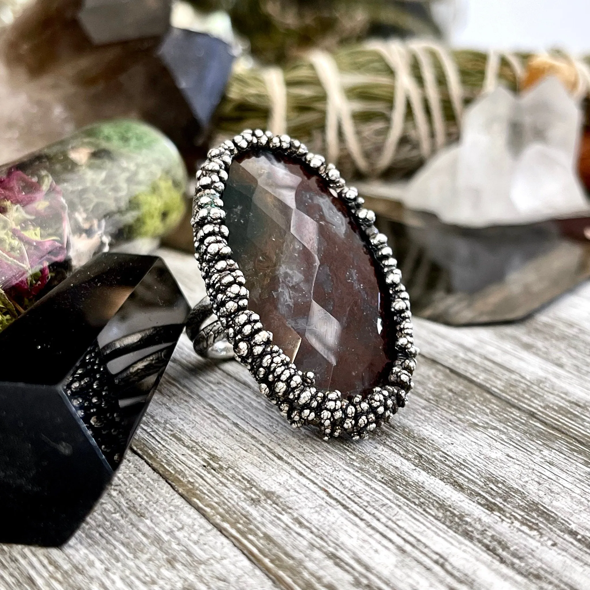 Big Size 8 Silver Natural Fancy Moss Agate Crystal Statement Ring / Foxlark Collection - One of a Kind