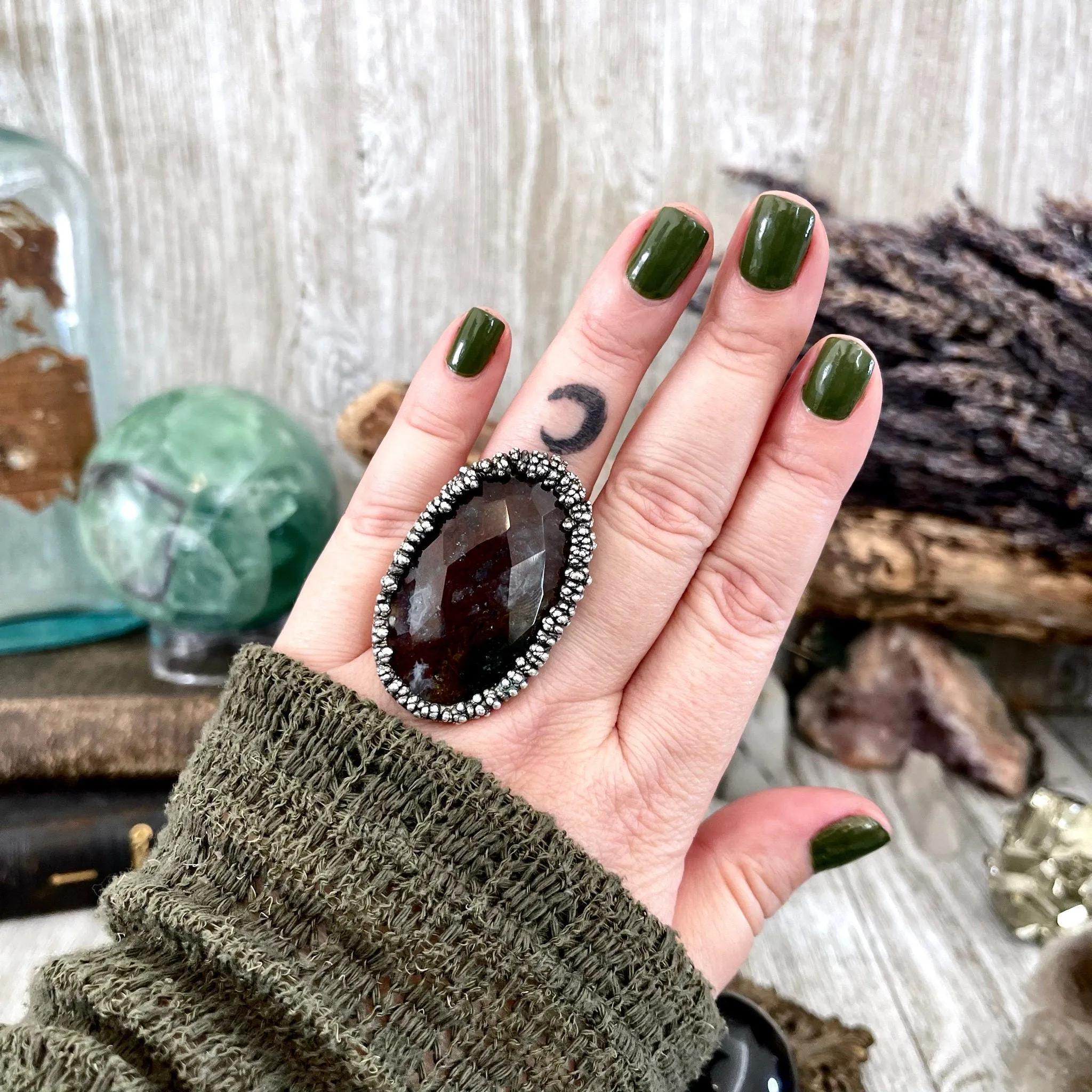 Big Size 8 Silver Natural Fancy Moss Agate Crystal Statement Ring / Foxlark Collection - One of a Kind