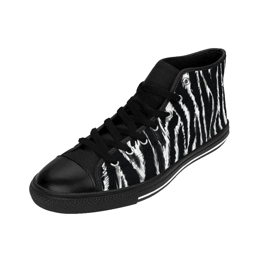 Black Zebra Women's Sneakers, Striped Animal Print Designer High-top Fashion Tennis Shoes