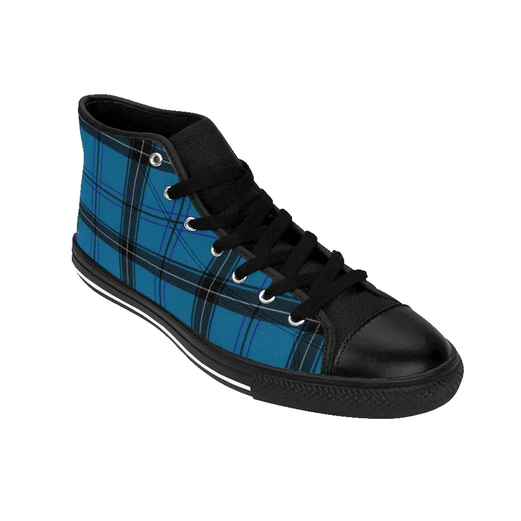 Blue Plaid Women's Sneakers, Preppy Tartan Print Designer High-top Fashion Tennis Shoes