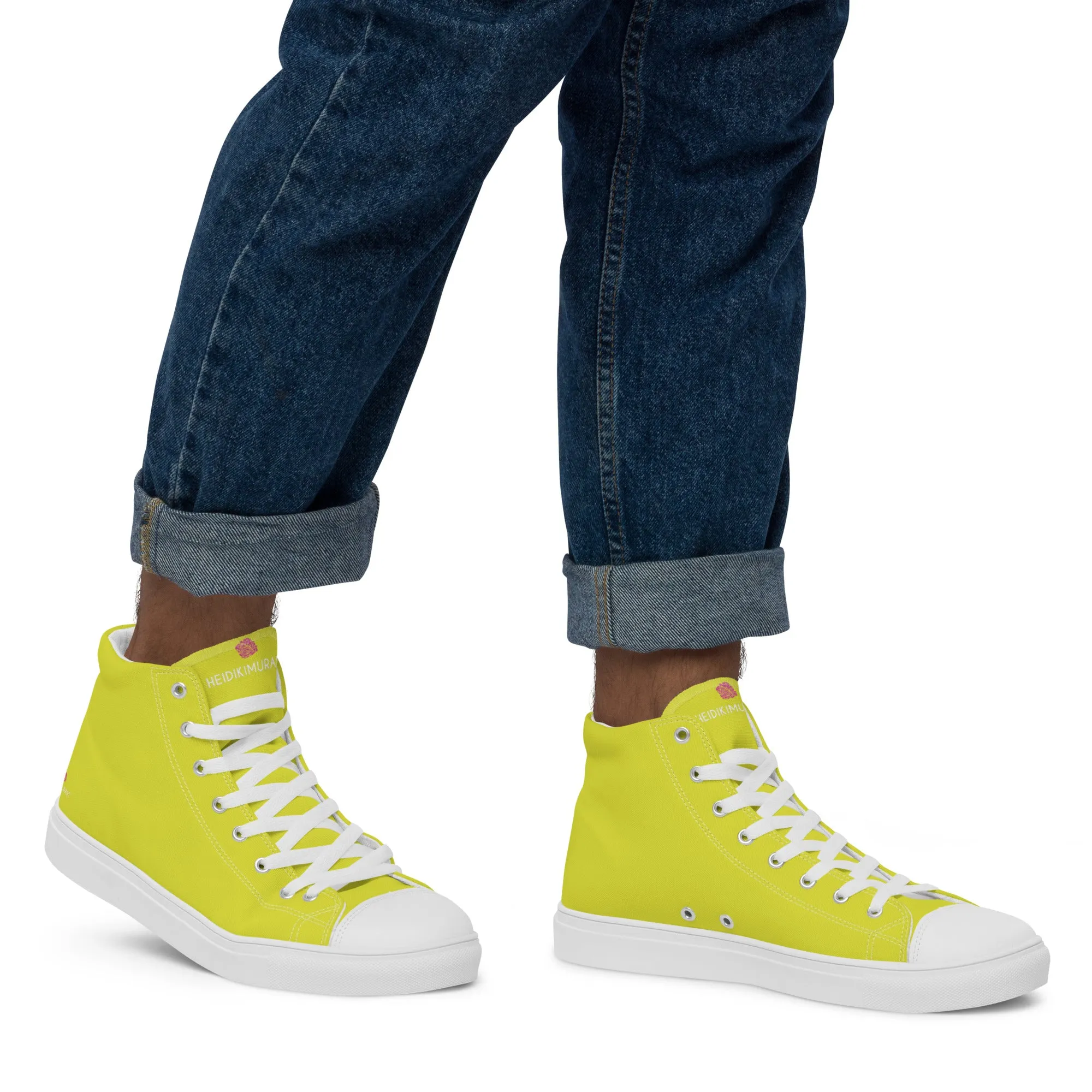 Bright Yellow Men's High Tops, Solid Color Men’s high top canvas shoes