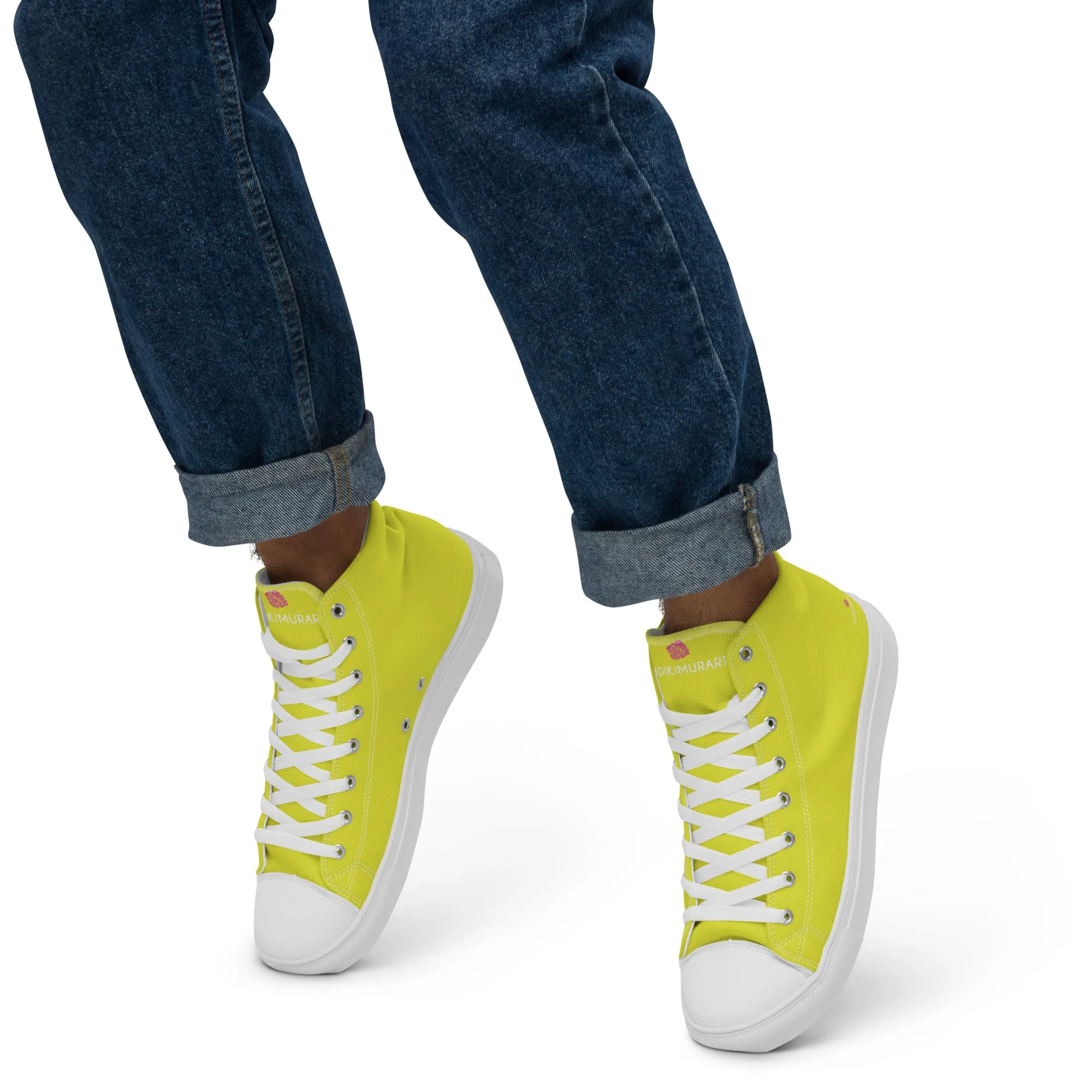 Bright Yellow Men's High Tops, Solid Color Men’s high top canvas shoes