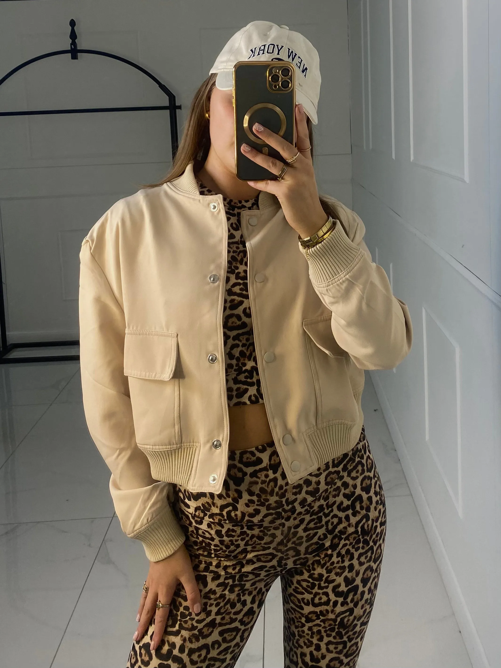 Cropped Pocket Detail Bomber Jacket - Cream