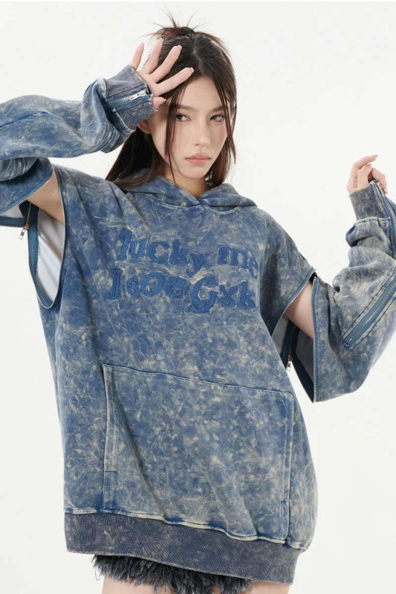 Distressed Lettering Detachable Sleeve Hoodie