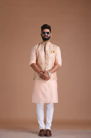 Hand-crafted Light Pink Banarsi Designer Half Jodhpuri Jacket with Silk Kurta Pajama Set | Fee Personalisation | Festivals Family Function