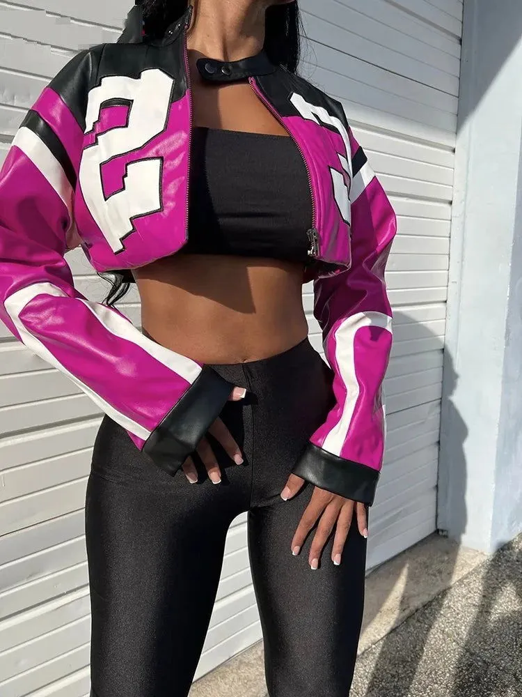 Hipster Faux Leather Number Print Crop Varsity Jackets