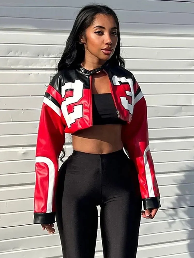 Hipster Faux Leather Number Print Crop Varsity Jackets