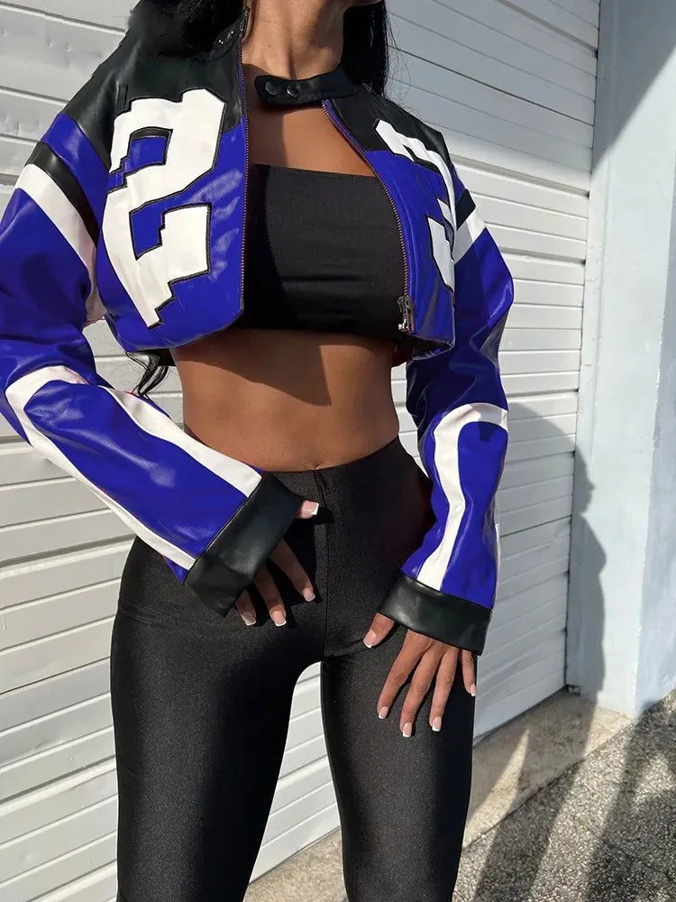 Hipster Faux Leather Number Print Crop Varsity Jackets