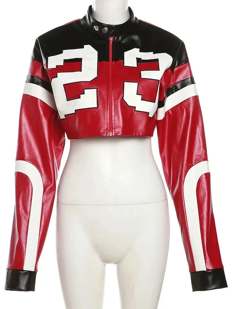 Hipster Faux Leather Number Print Crop Varsity Jackets