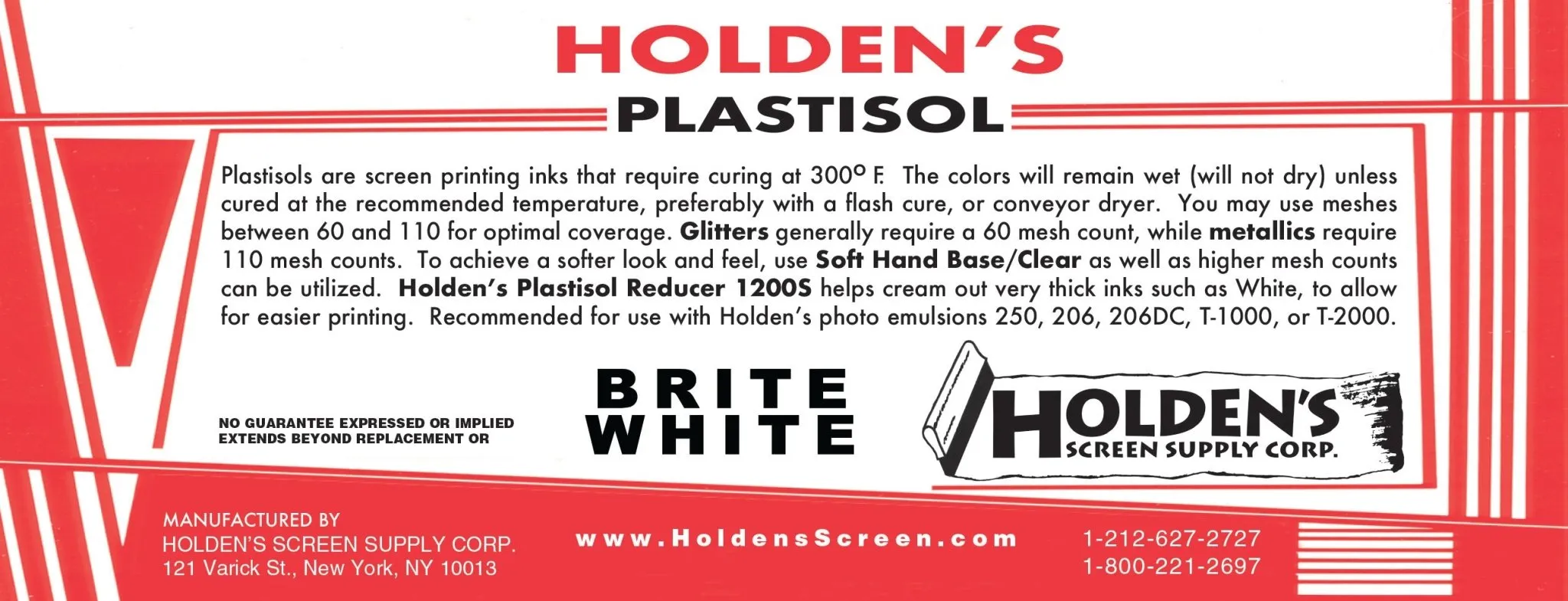 Holden's Screen Supply Plastisol Brite White Ink | High Opacity Ink Bright Finish for Dark Garments | Ideal for Crisp Vibrant Prints