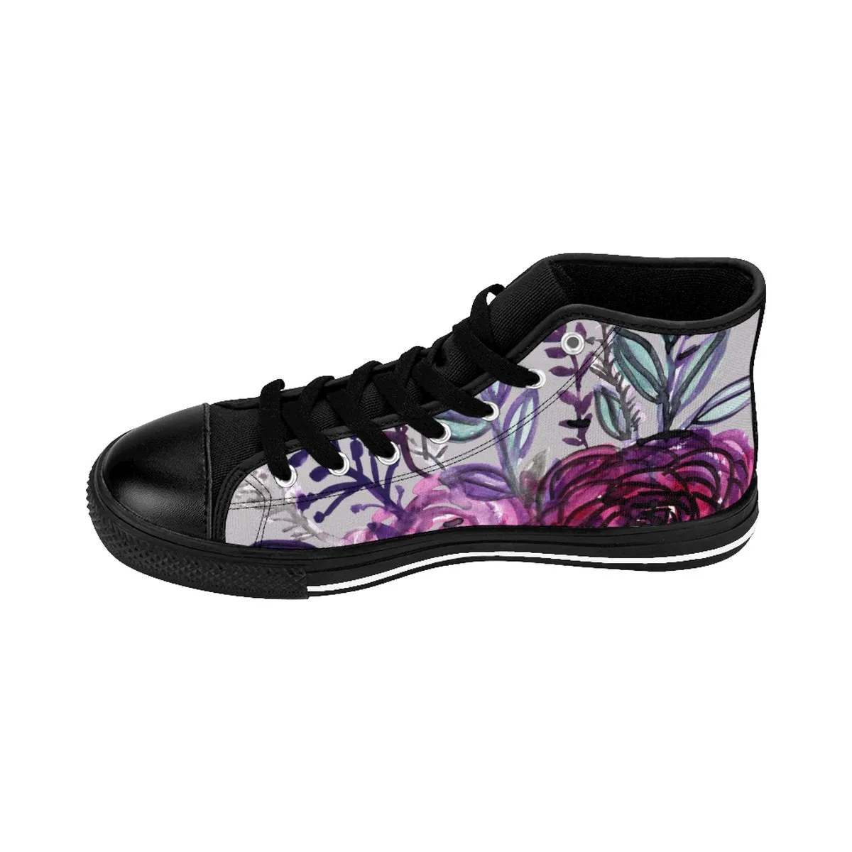 Light Gray Floral High Tops, Purple Rose Floral Print Men's High-top Sneakers Tennis Shoes