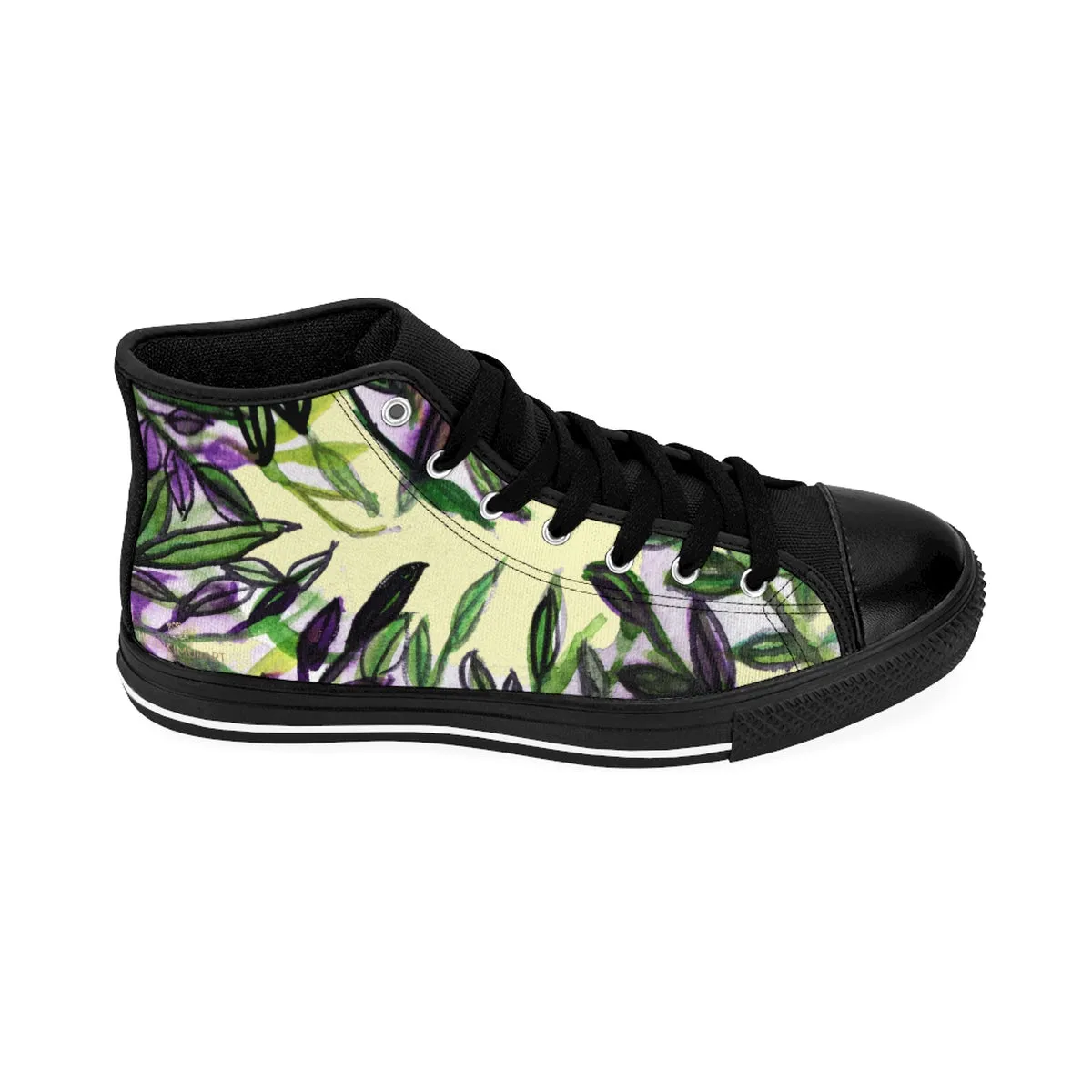 Light Yellow Tropical Men's Sneakers, Green Tropical Leaf Print High-top Sneakers Tennis Shoes