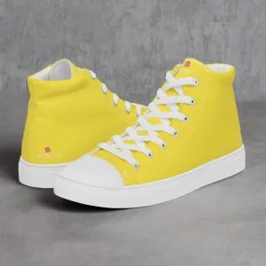 Men's Yellow  High Top Sneakers, Solid Lemon Yellow Color Men’s High Top Canvas Fashion Running Tennis Shoes