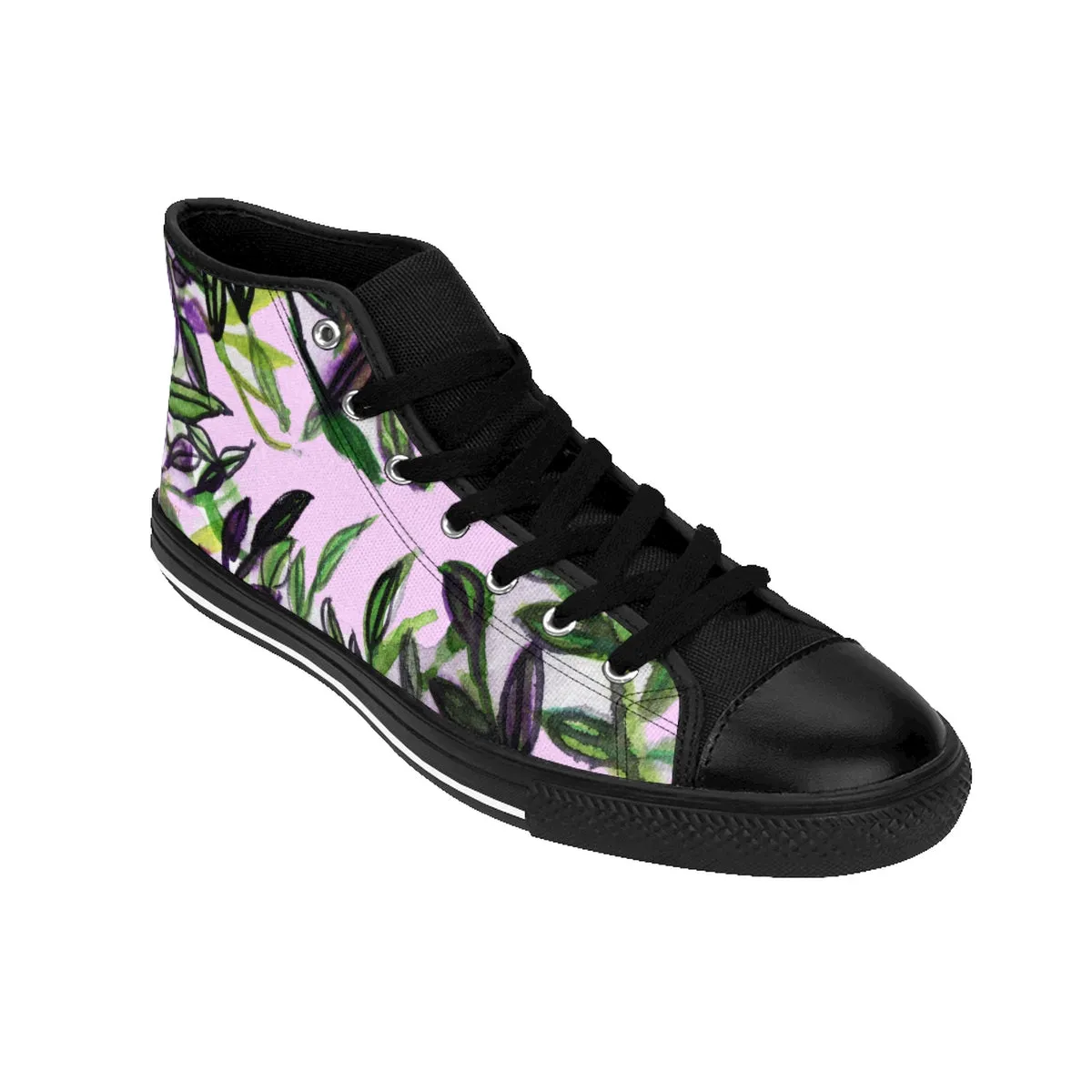 Pink Green Tropical Men's Sneakers, Leaf Print High-top Sneakers Tennis Shoes For Men