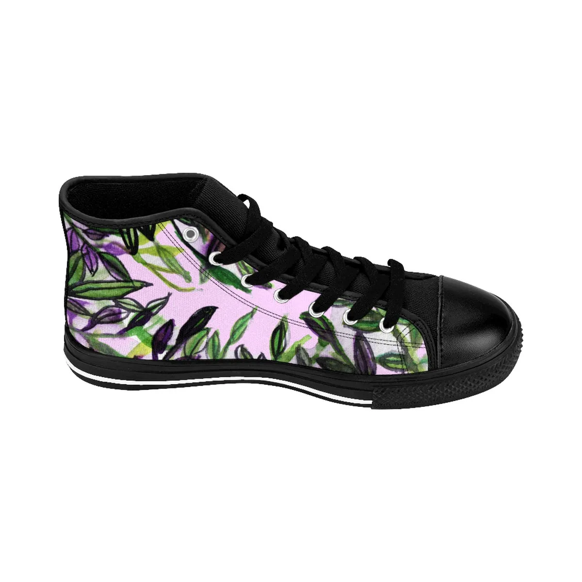 Pink Green Tropical Men's Sneakers, Leaf Print High-top Sneakers Tennis Shoes For Men