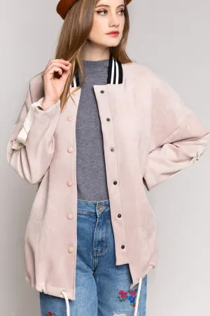 Powder Pink Long Suede Bomber Jacket