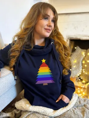 Rainbow Bold Christmas Tree Luxe Hoodie -Navy