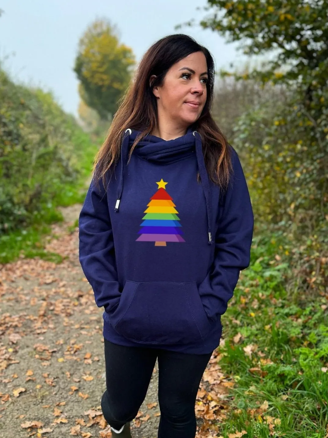 Rainbow Bold Christmas Tree Luxe Hoodie -Navy