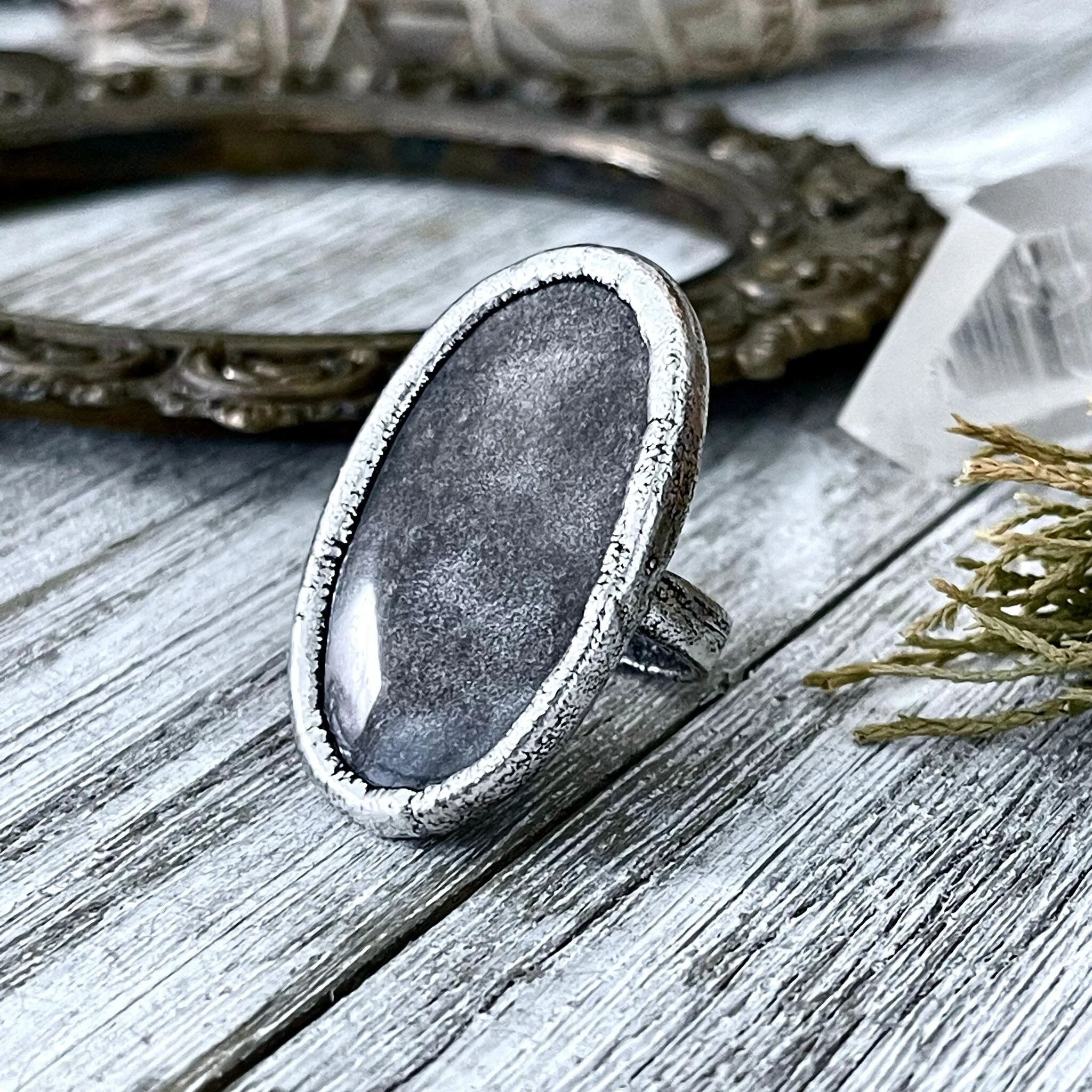 Size 6.5 Silver Sheen Obsidian Statement Ring in fine Silver / Foxlark Collection - One of a Kind