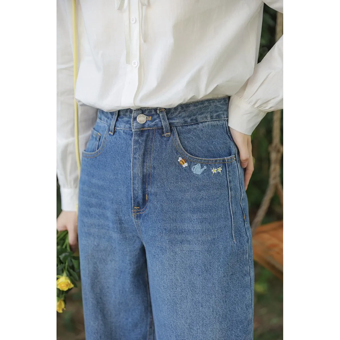 Straight Leg Embroidery Simplicity Loose Fit Jeans