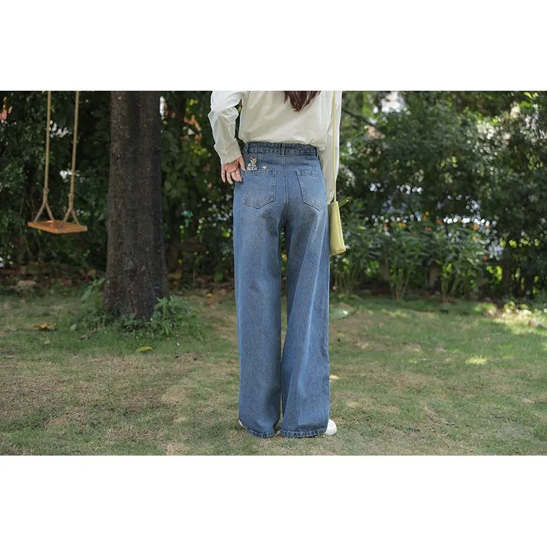 Straight Leg Embroidery Simplicity Loose Fit Jeans