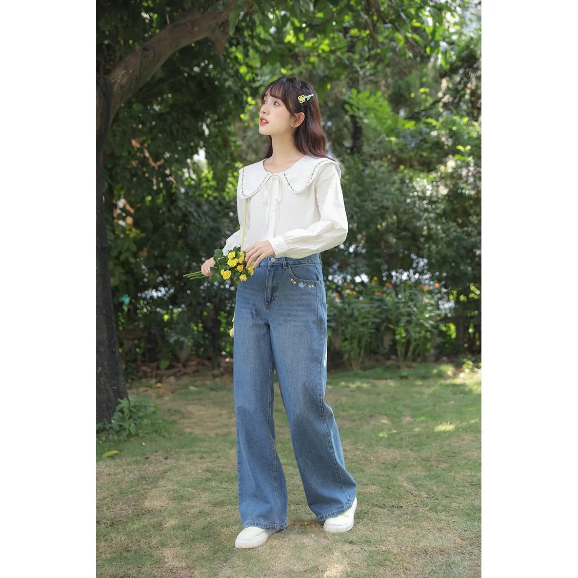 Straight Leg Embroidery Simplicity Loose Fit Jeans