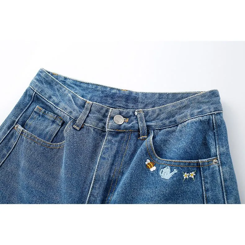 Straight Leg Embroidery Simplicity Loose Fit Jeans