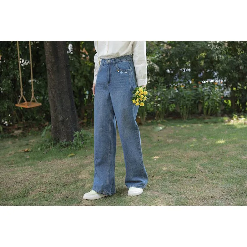 Straight Leg Embroidery Simplicity Loose Fit Jeans