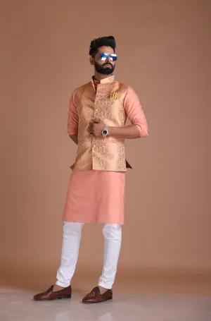 Traditional Floral Pattern Banarasi Brocade Nehru Jacket with Silk Kurta Pajama Set| Fee Personalisation |  Best for Sangeet Function | Family Function|