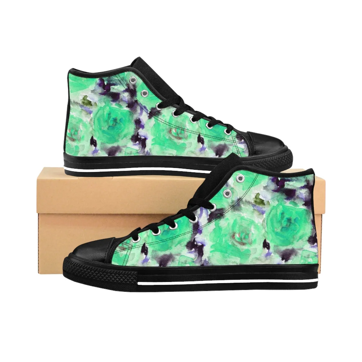 Turquoise Rose Floral Sneakers, Blue Rose Print Designer Women's High Top Sneakers