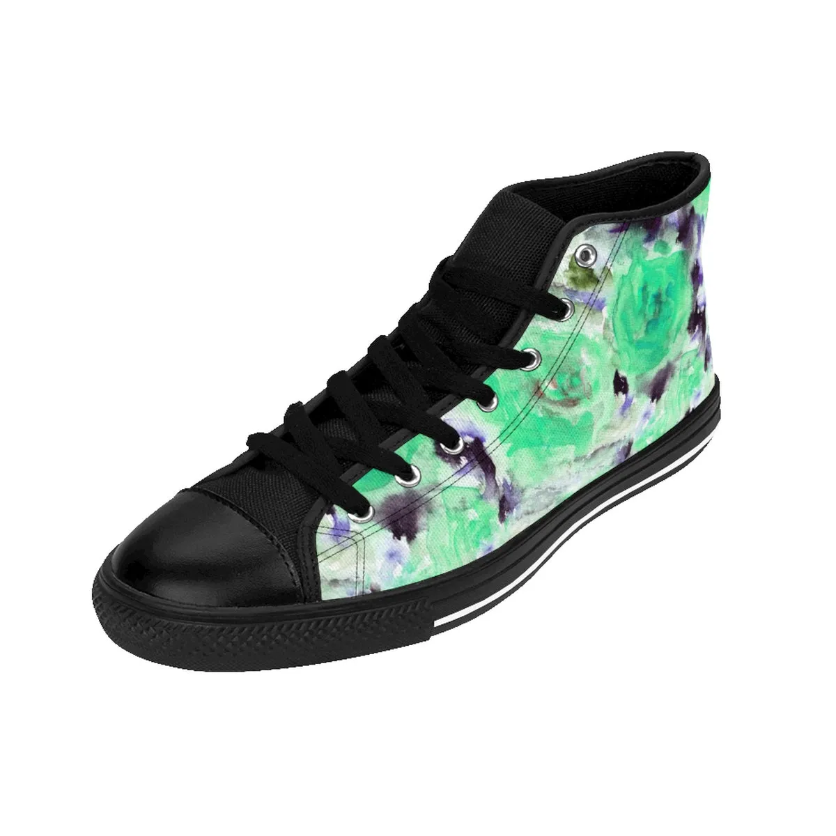 Turquoise Rose Floral Sneakers, Blue Rose Print Designer Women's High Top Sneakers