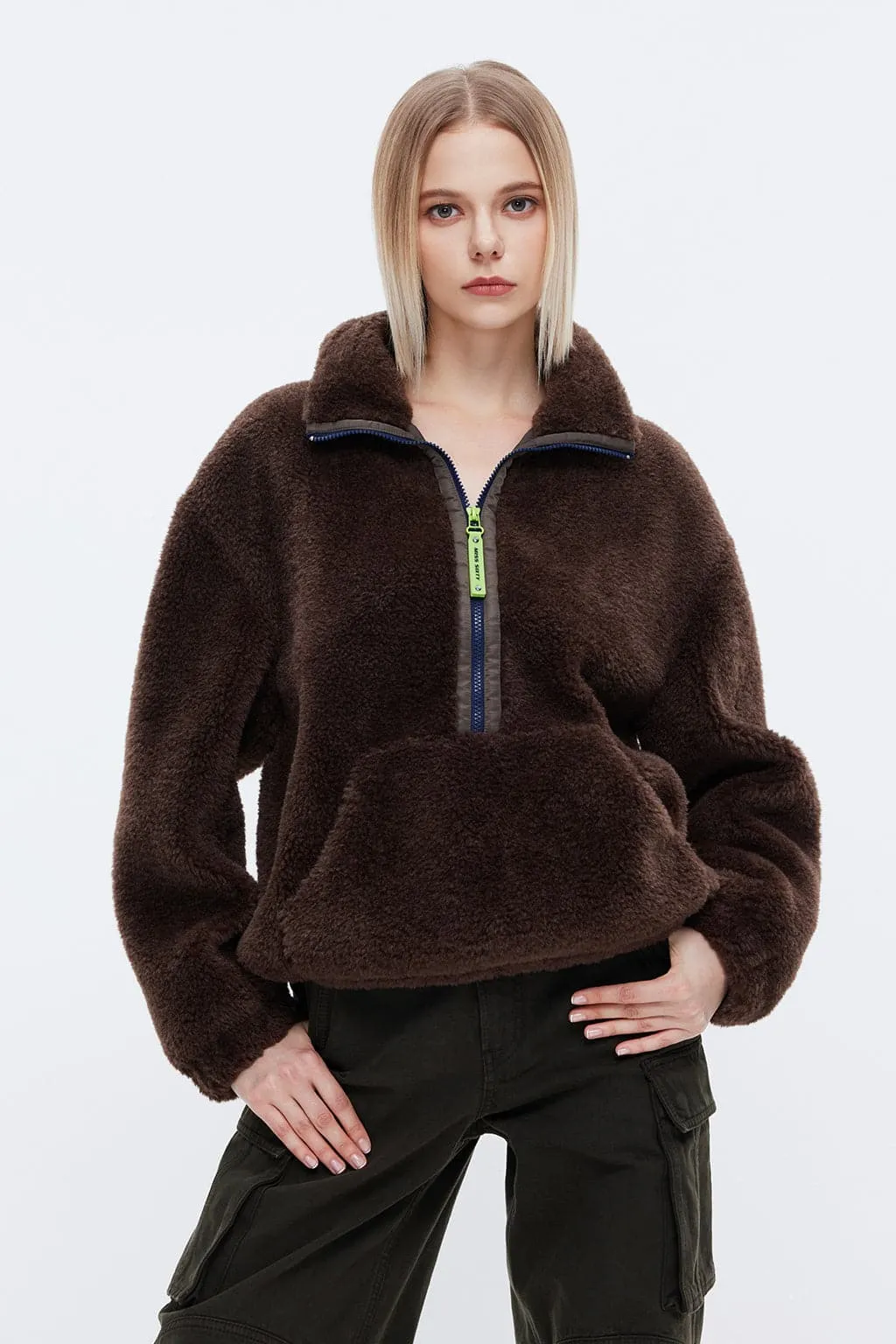 Vintage Brown Half-Zip Faux Fur Jacket