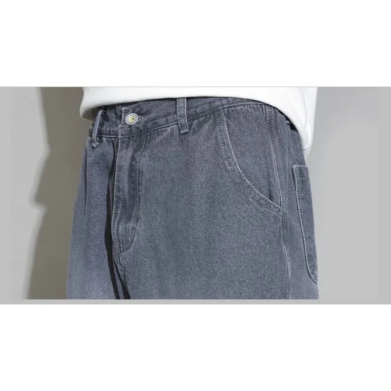 Washed Straight Leg Elastic Waist Loose Fit Jeans