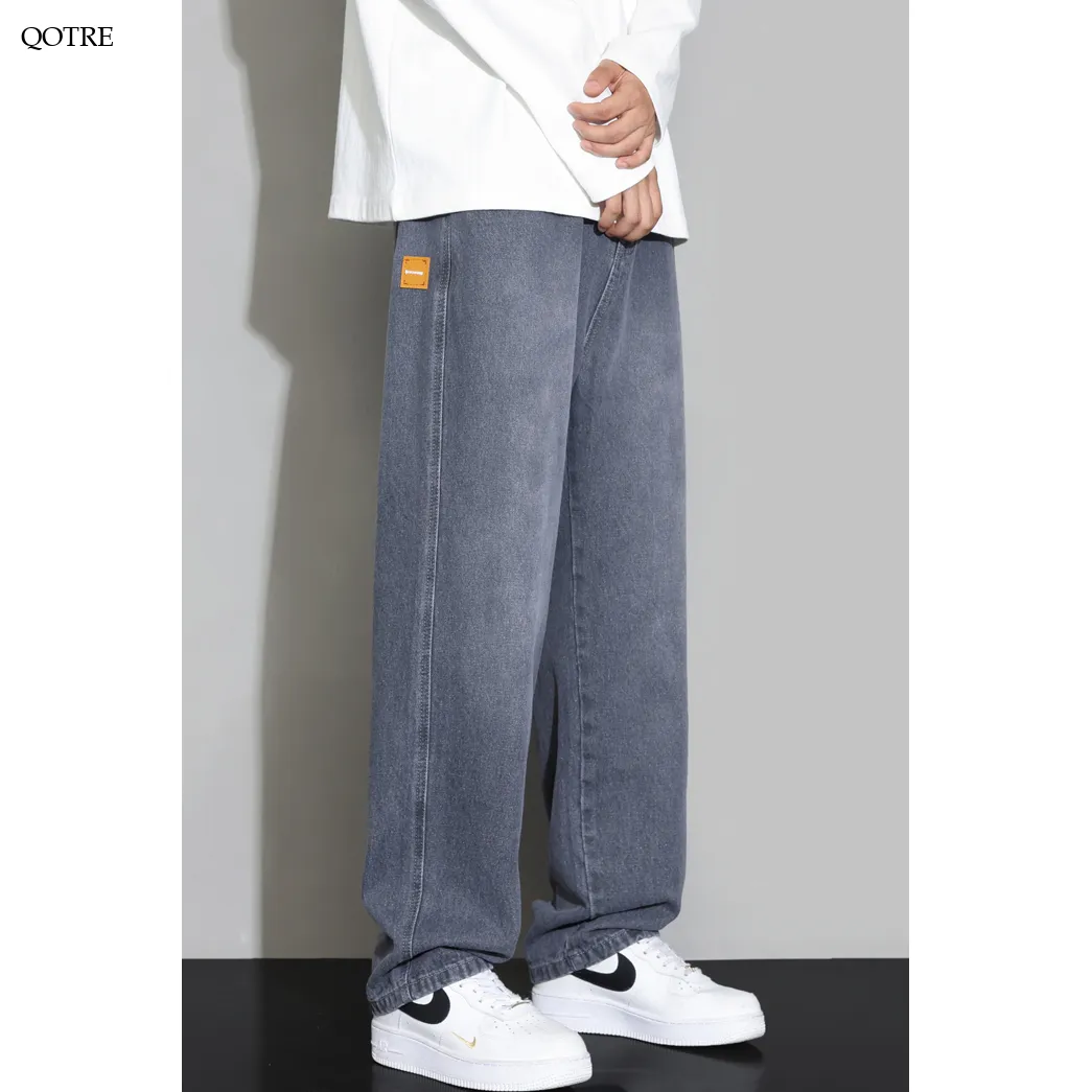 Washed Straight Leg Elastic Waist Loose Fit Jeans