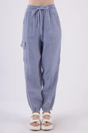 Washed Woven Crinkle Gauze Drawstring Cargo Pants